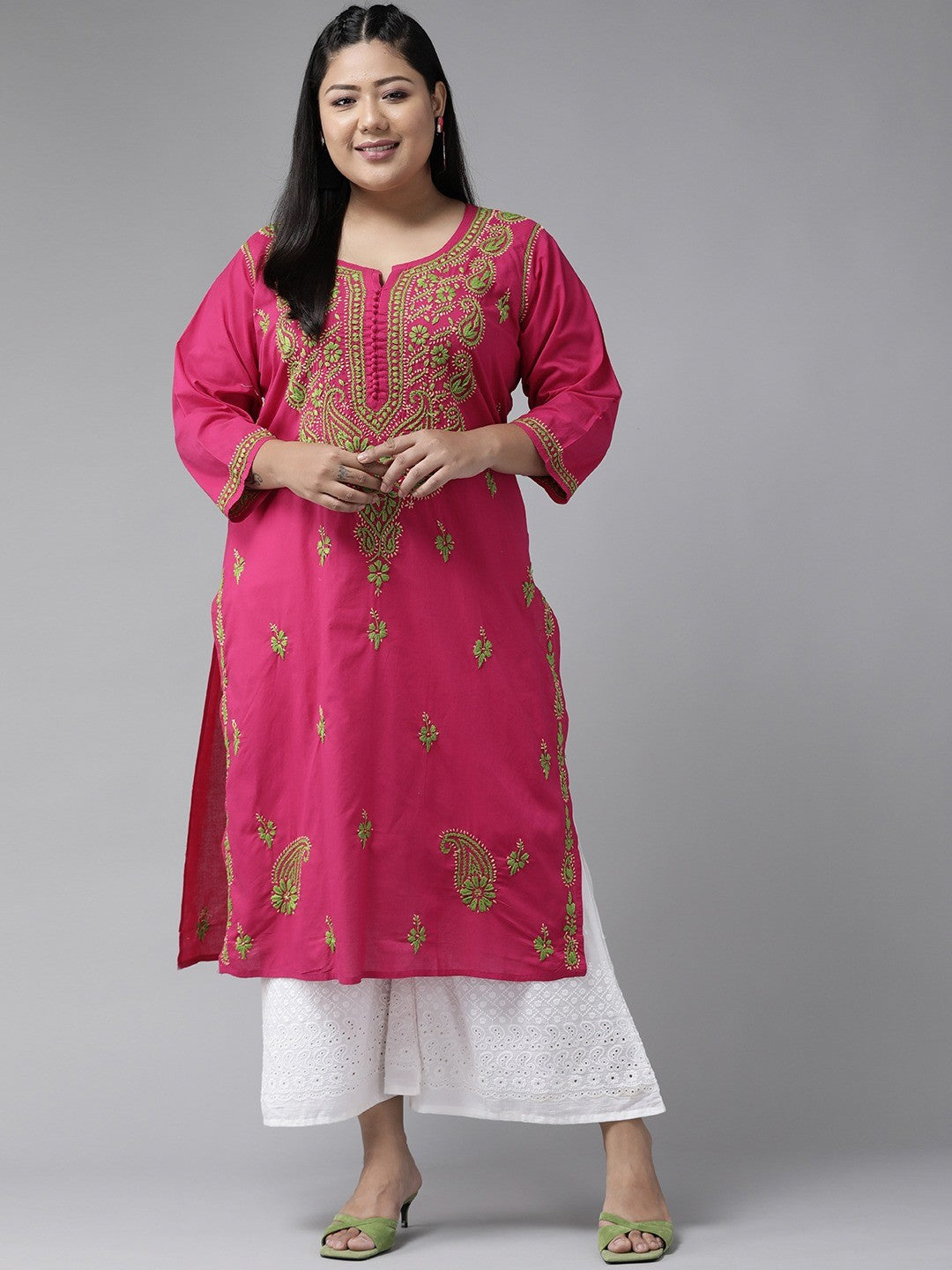 Ada Hand Embroidered Magenta Cotton Lucknowi Chikankari Kurta A223842
