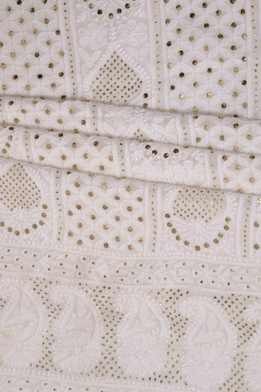 Ada Hand Embroidered White Pure Georgette Lucknowi Chikan Unstitched Kurta Piece With Muqaish Work-A576711