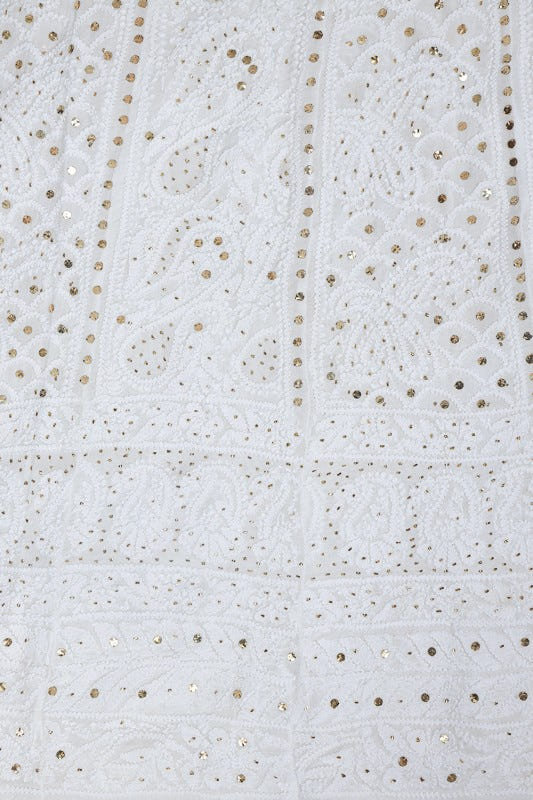 Ada Hand Embroidered White Georgette Lucknowi Chikankari Semi-stitched Anarkali Kurta Dupatta Set With Muqaish Work- A615417