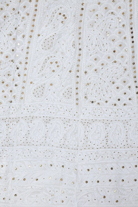 Ada Hand Embroidered White Georgette Lucknowi Chikankari Semi-stitched Anarkali Kurta Dupatta Set With Muqaish Work- A615417
