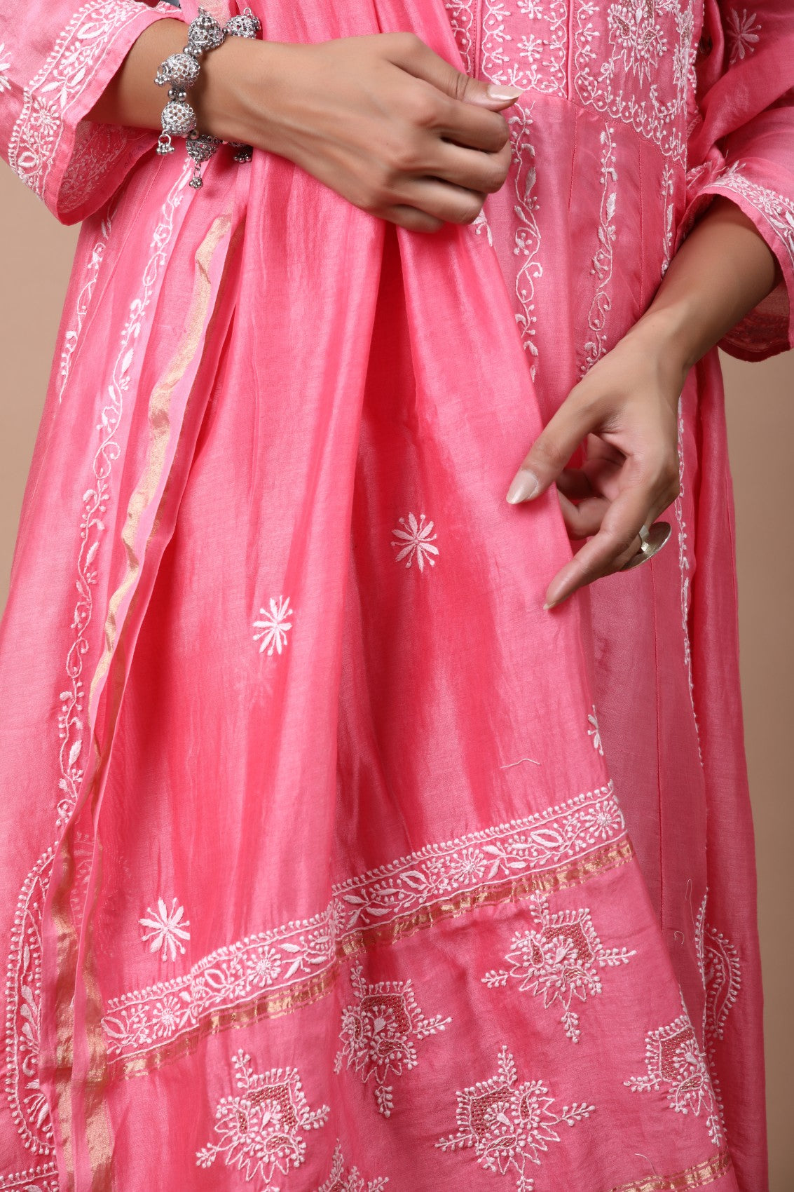 Ada Hand Embroidered Pink Chanderi Lucknowi Chikankari Semi-Stitched Anarkali Kurta Dupatta Set With Zari Work 01A205804