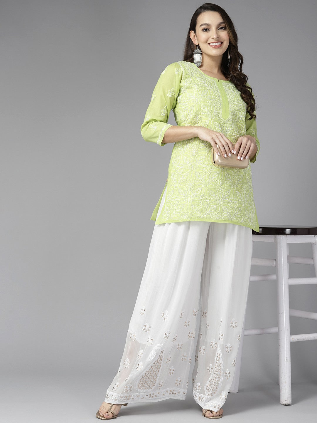 Ada Hand Embroidered White Georgette Lucknowi Chikankari Palazzo With Gota Patti Work A711168