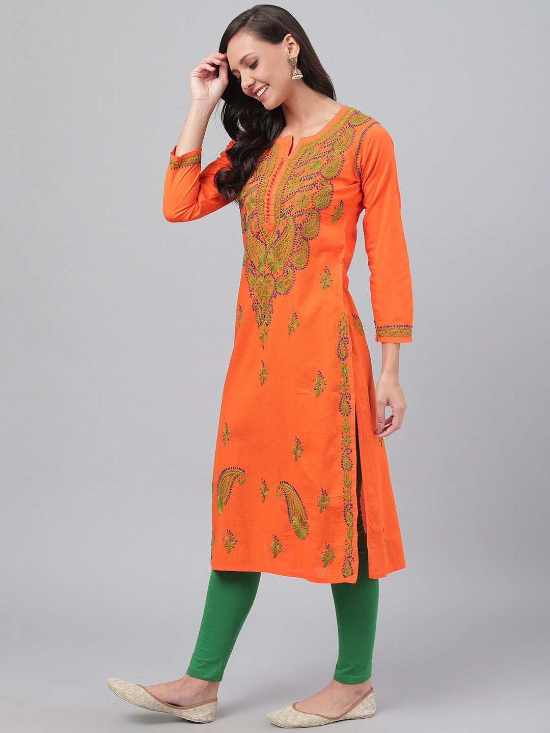 Ada Hand Embroidered Orange Cotton Lucknowi Chikankari Straight Kurta A223686