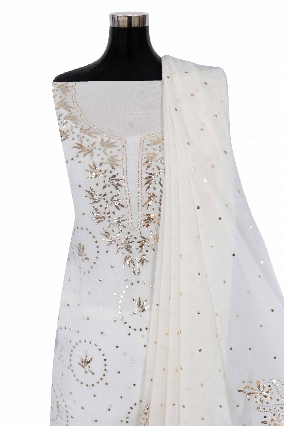 Ada Hand Embroidered Off White Pure Georgette Lucknowi Chikankari Unstitched Kurta Dupatta Set With Muqaish Work A580365