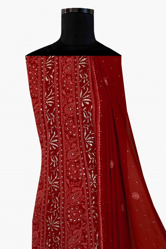 Ada Hand Embroidered Maroon Pure Georgette Lucknowi Chikankari Semi-stitched Anarkali Kurta Dupatta Set With Muqaish Work-A617645