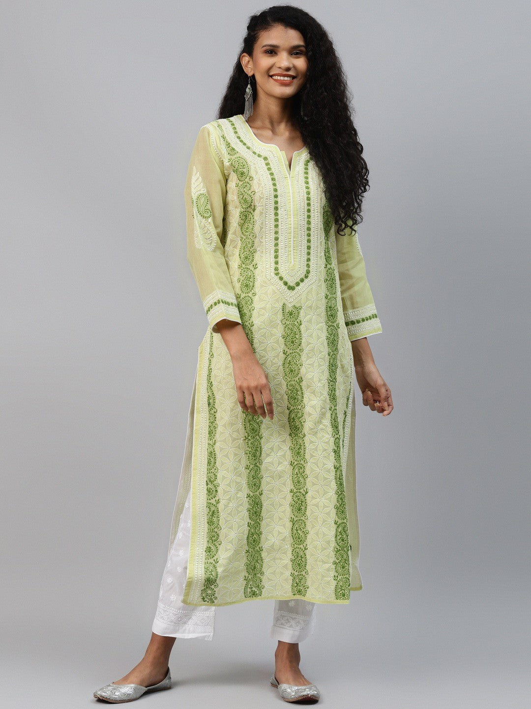Ada Hand Embroidered Green Cotton Lucknowi Chikankari Straight Kurta A241619