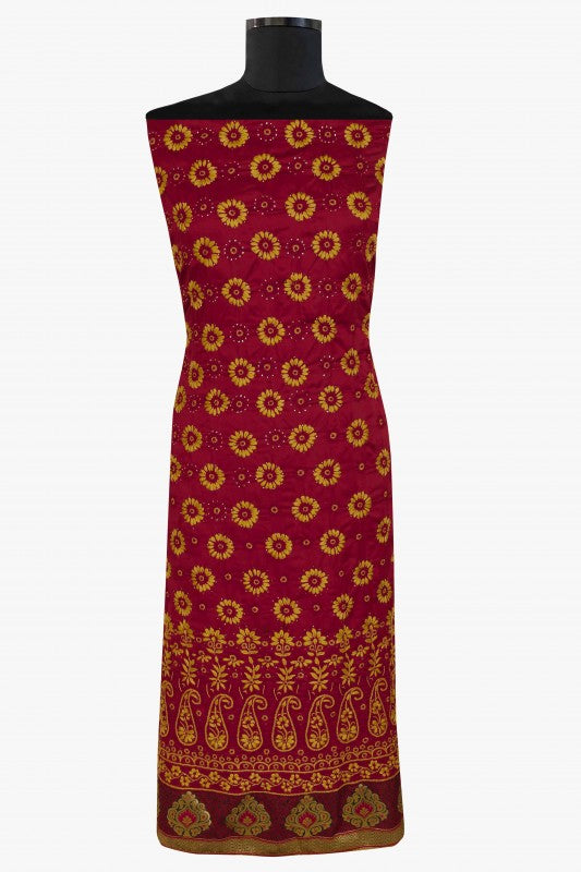 Ada Hand Embroidered Maroon Cotton Lucknowi Chikan Unstitched Suit Piece With Muqaish Work – A622615