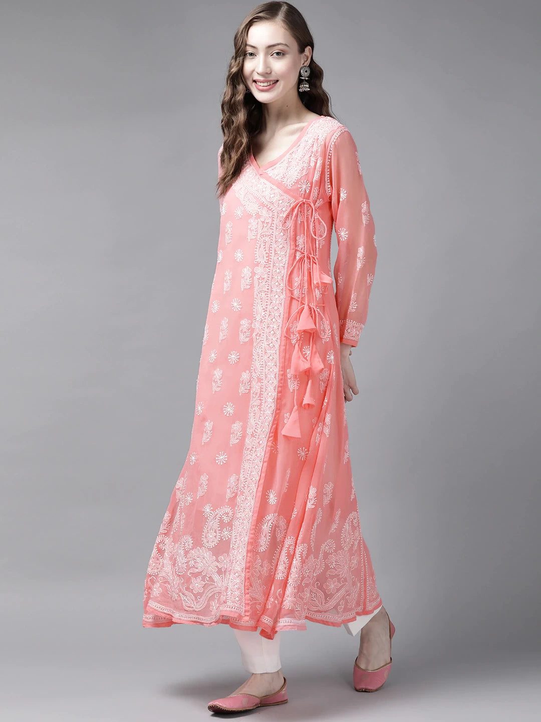 Ada Hand Embroidered Peach Georgette Lucknow Chikankari Angarkha Kurta with Slip A411261