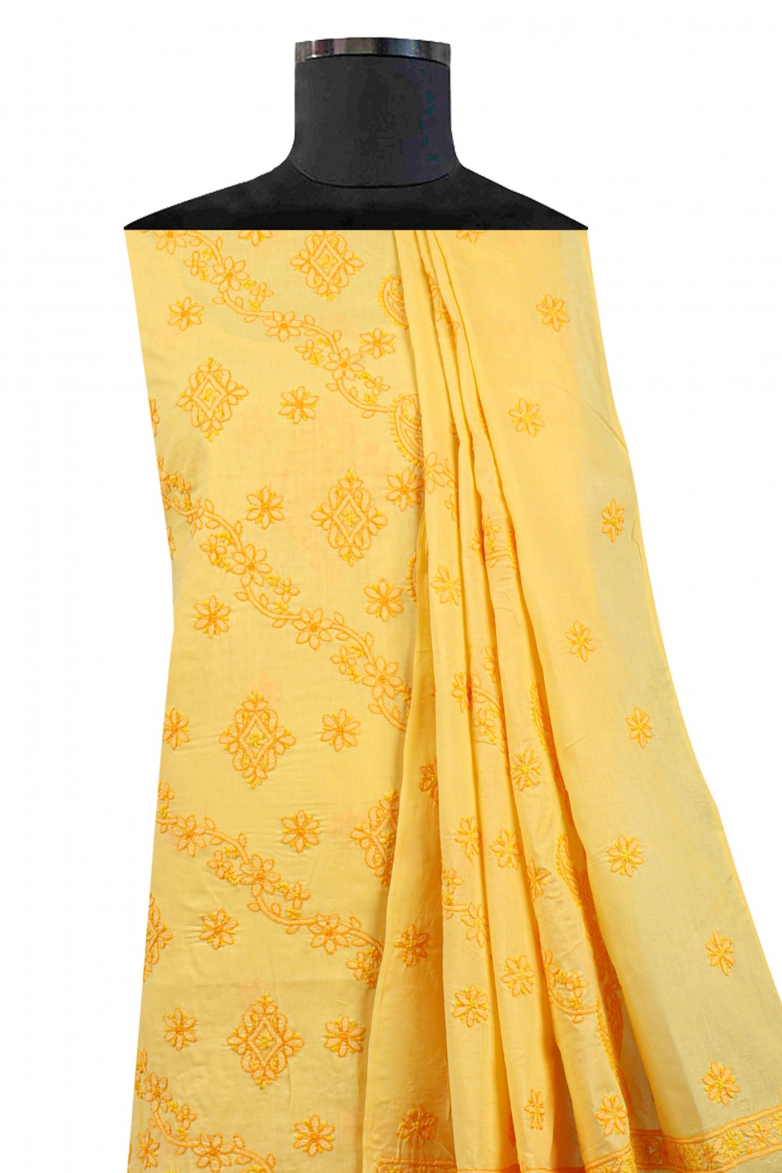 Ada Hand Embroidered Yellow Cotton Lucknowi Chikankari Unstitched Suit Piece A595134