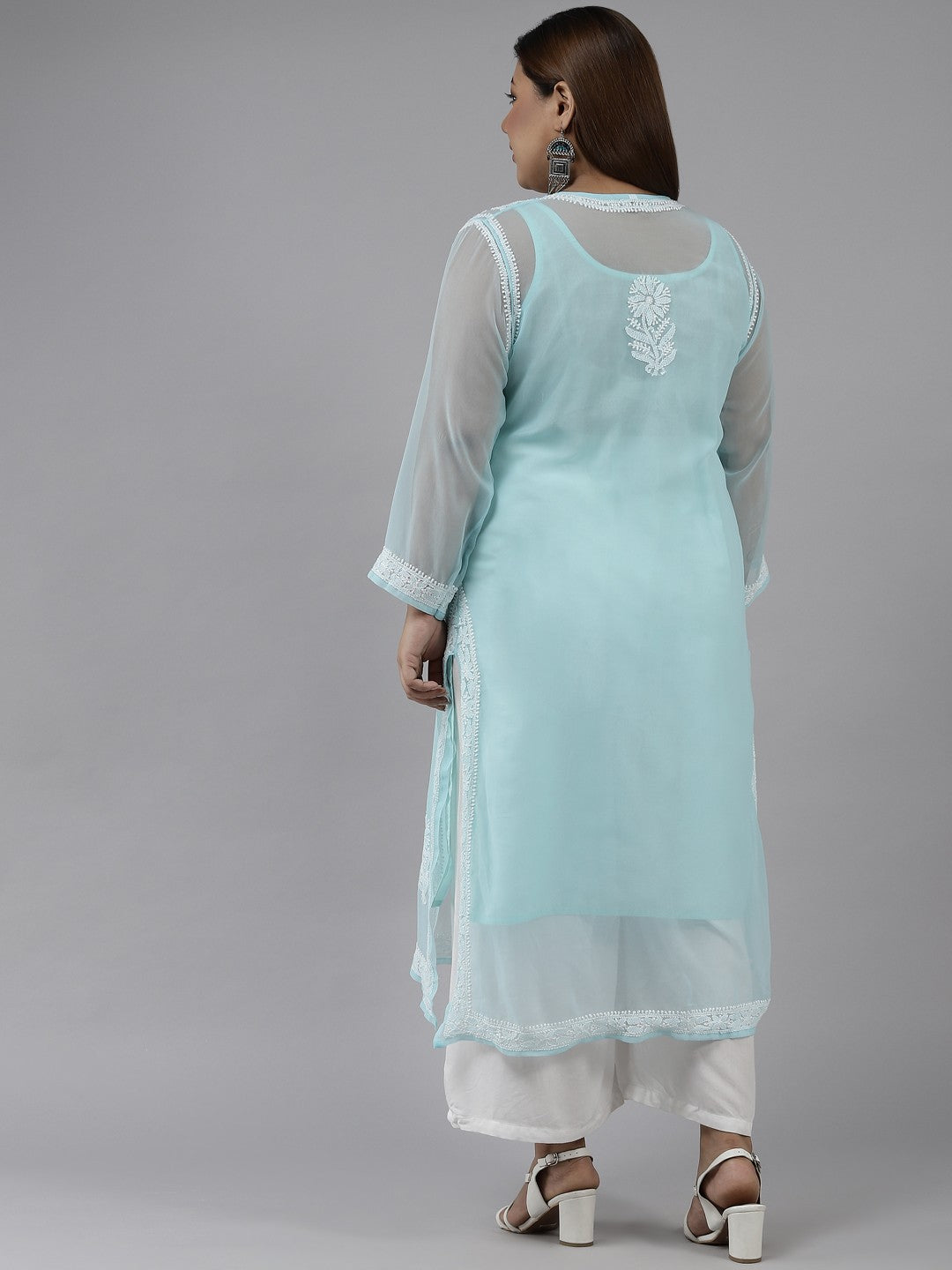 Ada Hand Embroidered Turquoise Blue Georgette Lucknow Chikan Kurta with Slip A411362