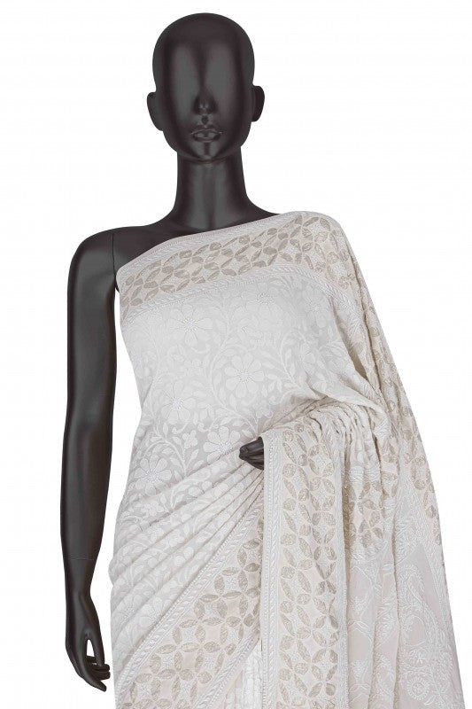 Ada Hand Embroidered Dove White Pure Georgette Lucknowi Chikankari Saree with Blouse A585834