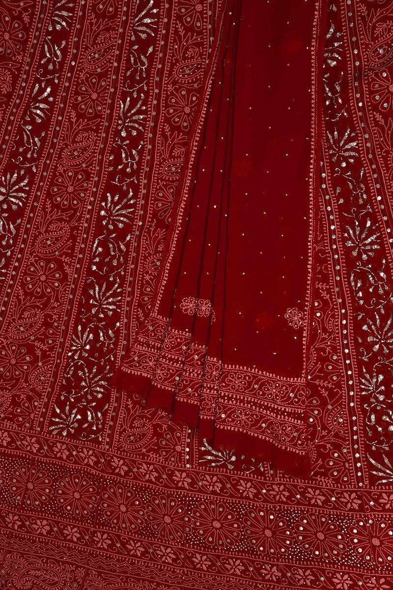 Ada Hand Embroidered Maroon Pure Georgette Lucknowi Chikankari Semi-stitched Anarkali Kurta Dupatta Set With Muqaish Work-A617645