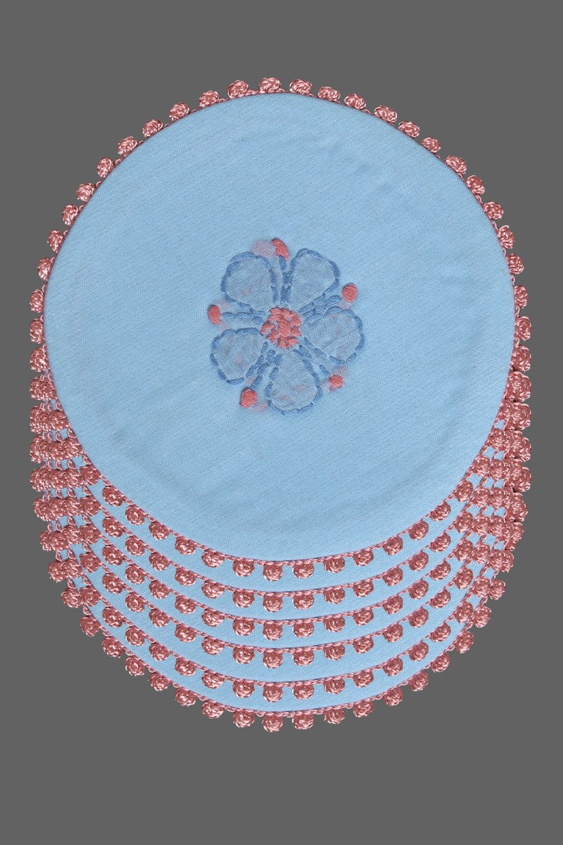 Ada Hand Embroidered Blue Cotton Lucknowi Chikankari Table Coaster-A611627