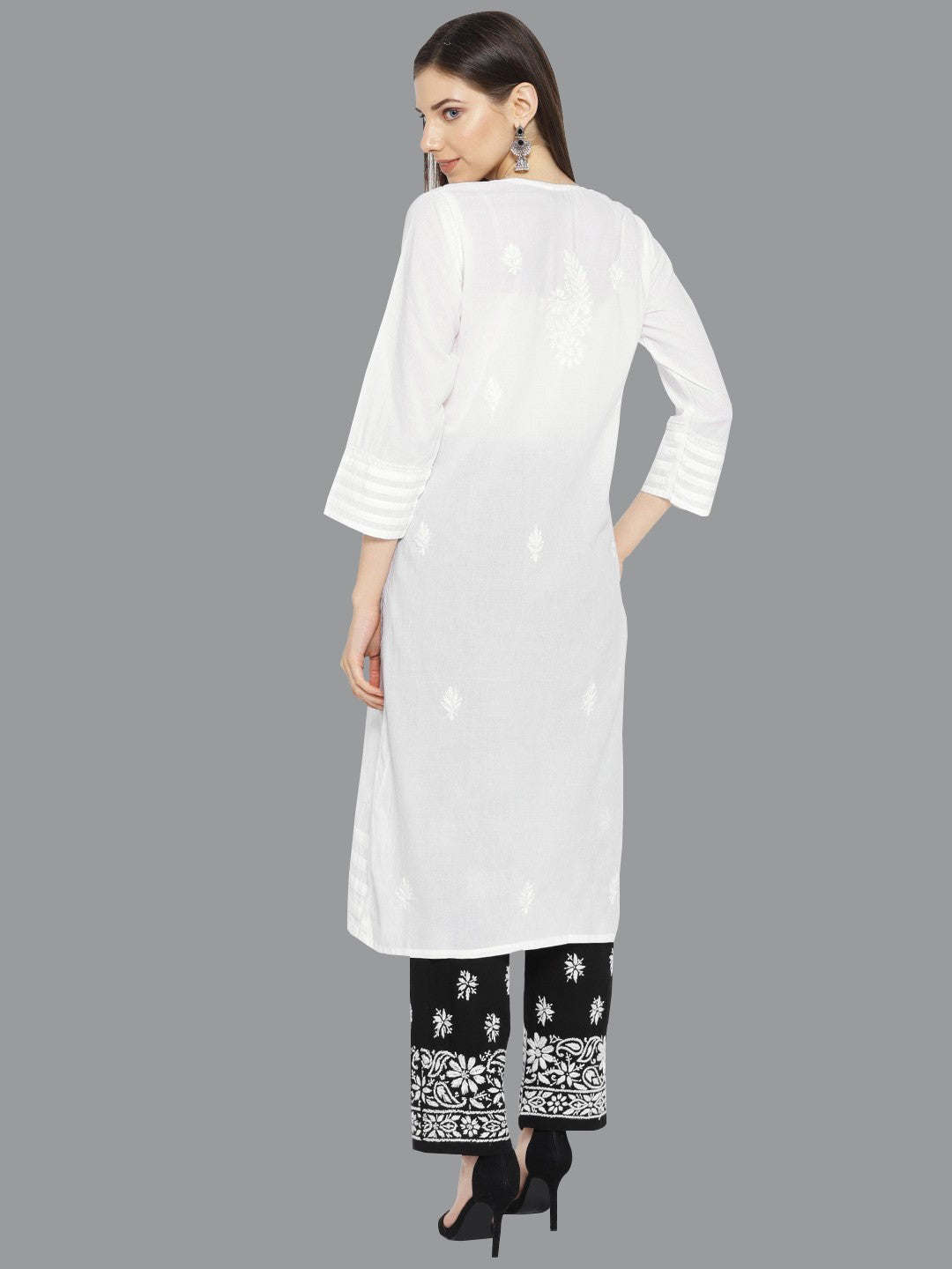 Ada Hand Embroidered White Cotton Lucknowi Chikankari Kurta with Palazzo Set A100021