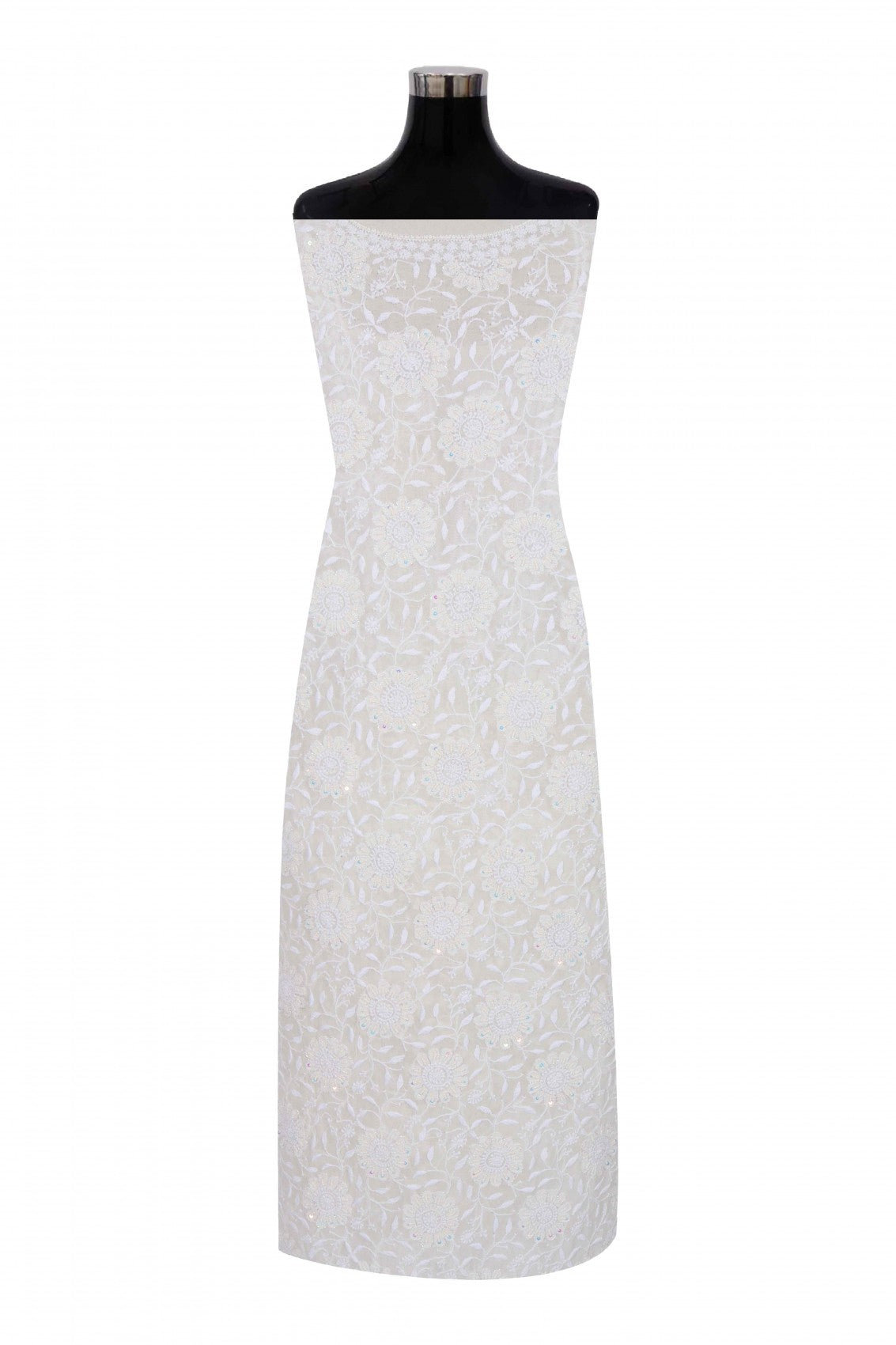 Ada Hand Embroidered White Pure Georgette Lucknowi Chikankari Unstitched Kurta Dupatta Set With Pearl Work 01A186865