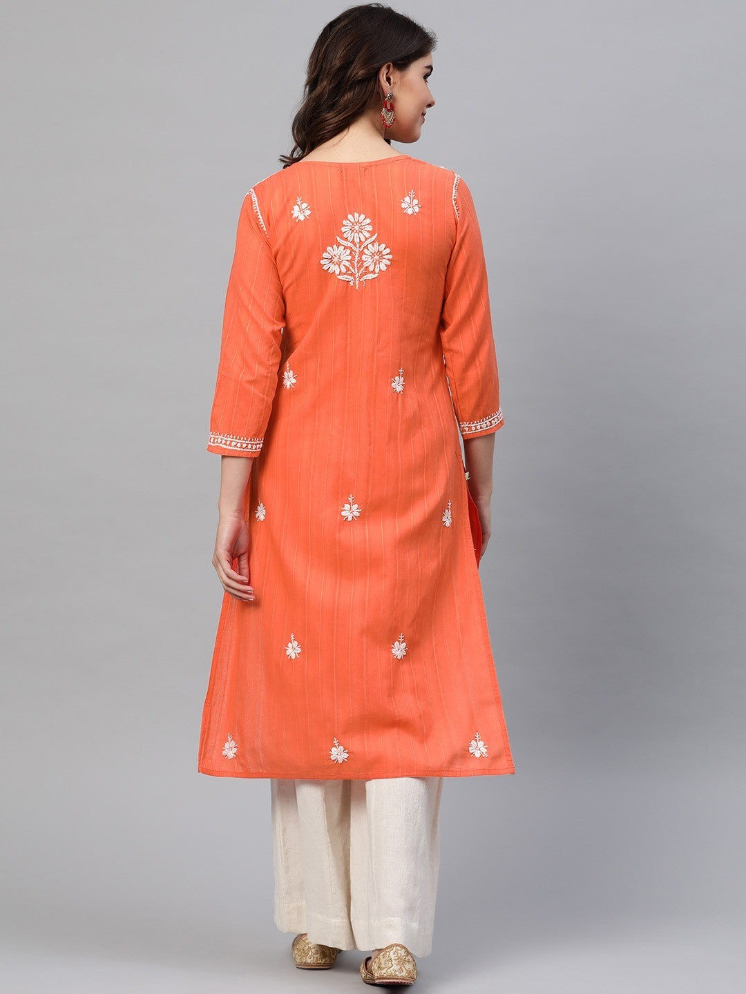 Ada Hand Embroidered Coral Orange Cotton Lucknow Chikankari Kurta A411167