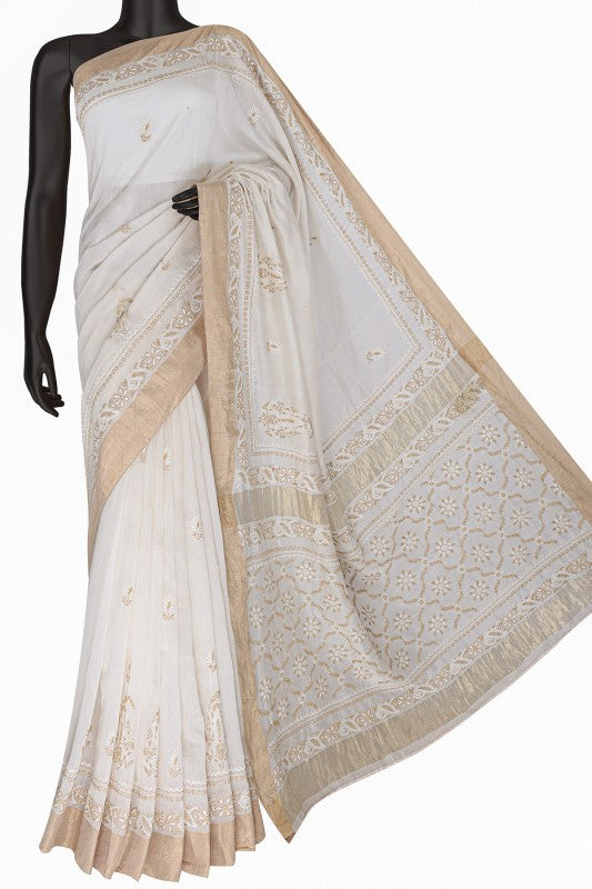Ada Hand Embroidered Cream Chanderi Lucknowi Chikankari Saree With Blouse A606173