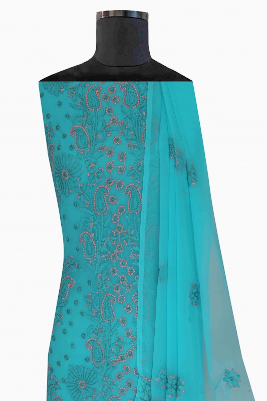 Ada Hand Embroidered Rama Green Georgette Lucknowi Chikan Unstitched Suit Piece-A211185