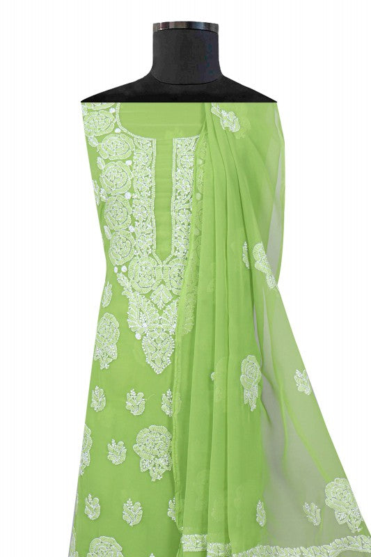 Ada Hand Embroidered Grass Green Georgette Lucknowi Chikankari Unstitched Suit Piece A211216