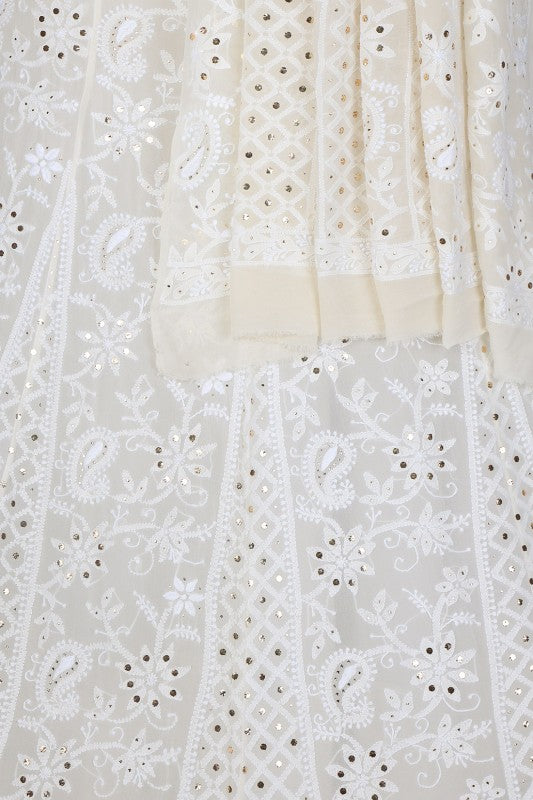 Ada Hand Embroidered White Pure Georgette Lucknowi Chikankari Lehenga Set with Muqaish Work A454707