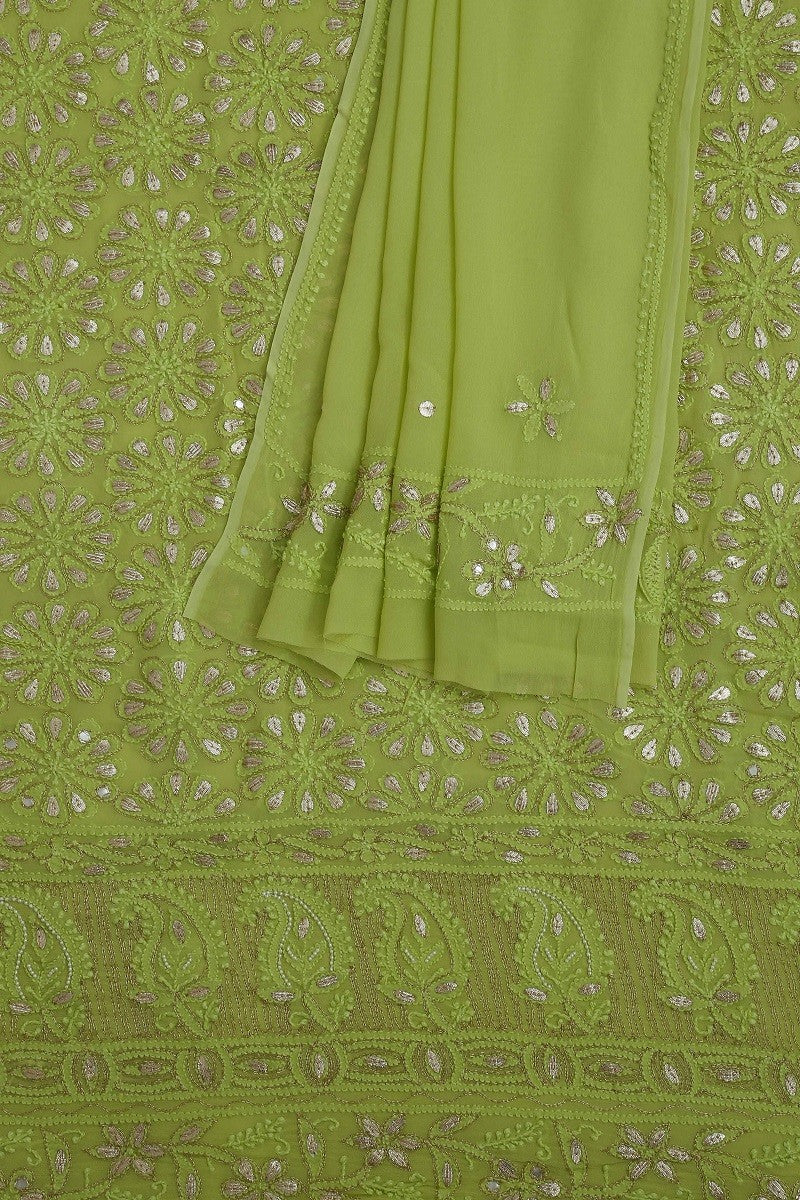 Ada Hand Embroidered Lime Green Georgette Lucknowi Chikan Unstitched Kurta Dupatta With Gota Patti Work–A603525