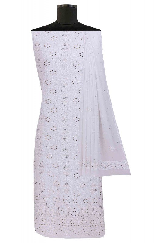 Ada Hand Embroidered White Georgette Lucknowi Chikan Unstitched Kurta Dupatta Set With Muqaish Work A621534
