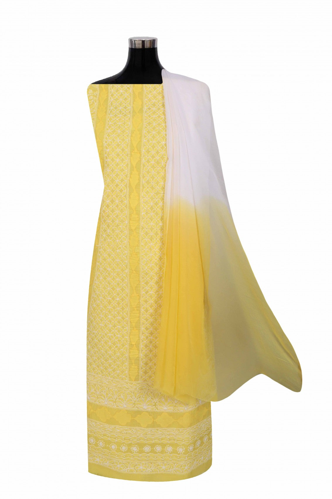 Ada Hand Embroidered Yellow Cotton Lucknowi Chikankari Unstitched Suit Piece 01A285115