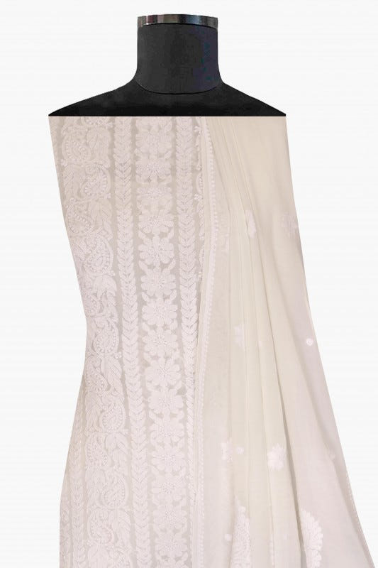Ada Hand Embroidered White Georgette Lucknowi Chikan Unstitched Kurta Dupatta Set A621923