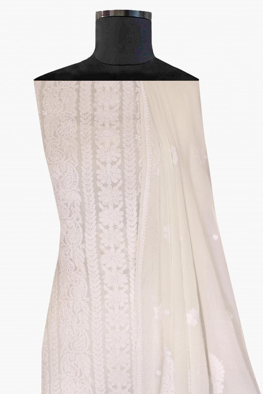 Ada Hand Embroidered White Georgette Lucknowi Chikan Unstitched Kurta Dupatta Set A621923