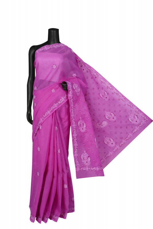 Ada Hand Embroidered Mauve Cotton Lucknowi Chikankari Saree With Blouse A613146