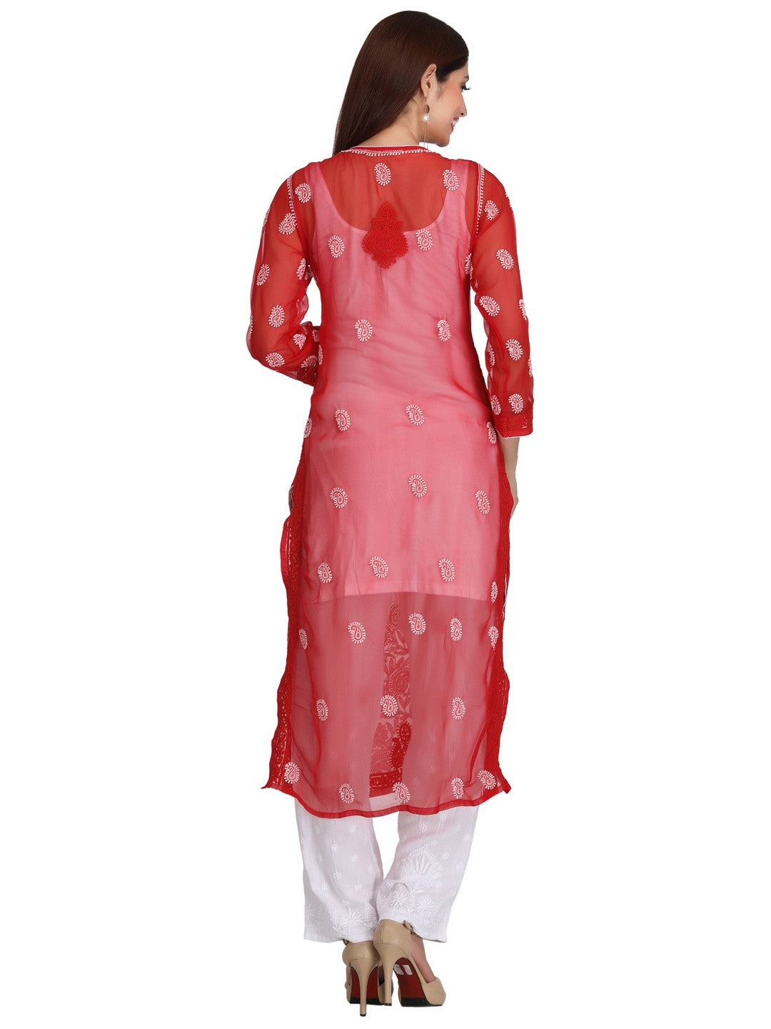 Ada Hand Embroidered Red Georgette Lucknowi Chikankari Straight Kurta with Slip A223964