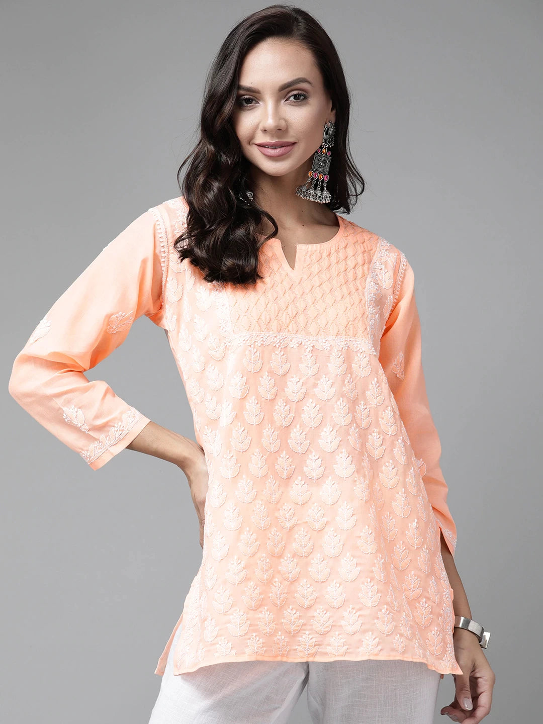 Ada Hand Embroidered Peach Cotton Lucknowi Chikankari Short Kurti A911211
