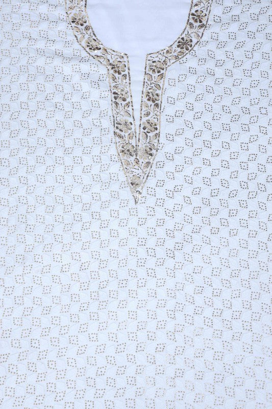 Ada Hand Embroidered White Georgette Lucknowi Chikan Unstitched Kurta Piece with Muqaish Work A617640