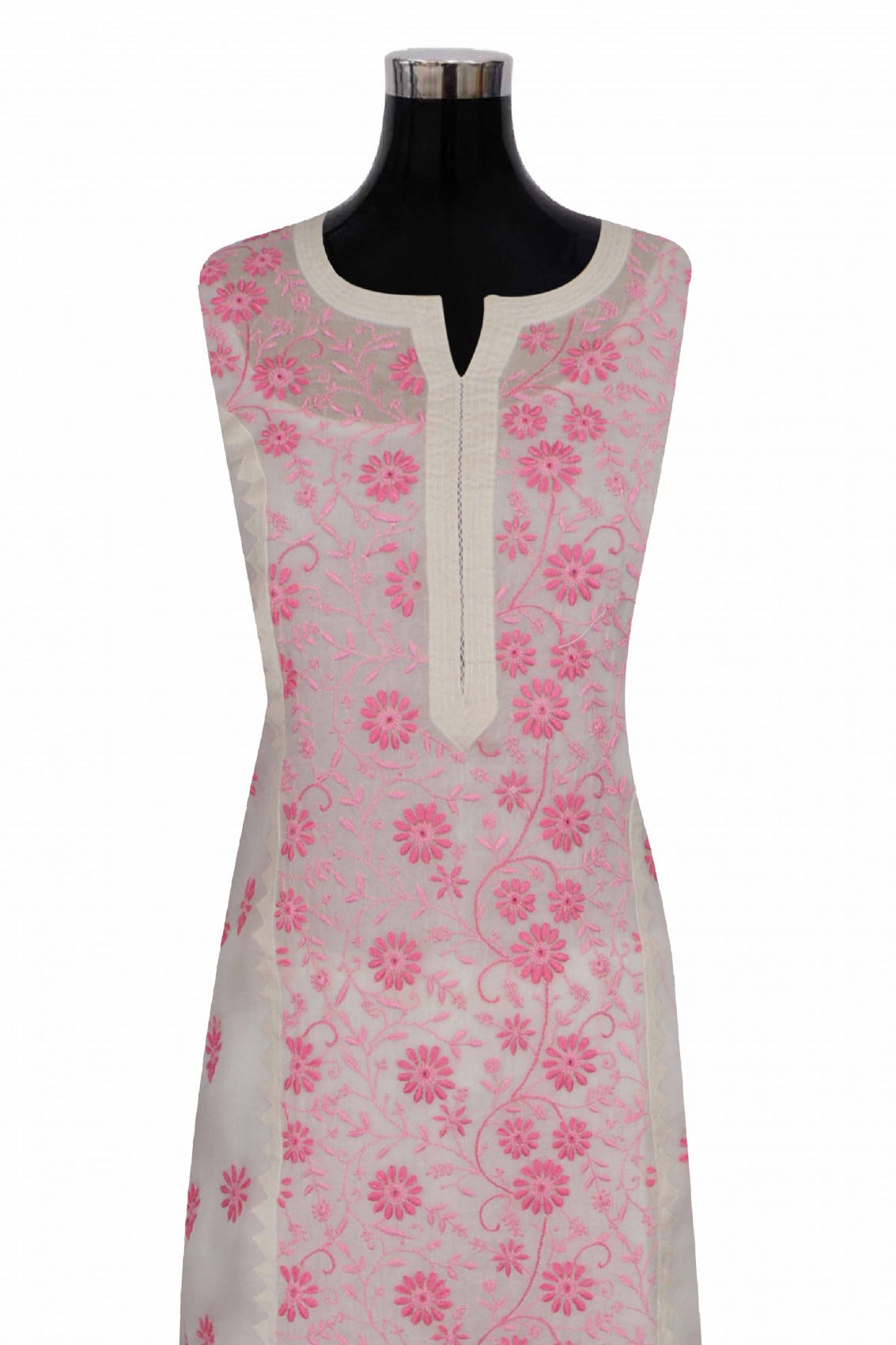 Ada Hand Embroidered Cream Organza Lucknowi Chikankari Unstitched Kurta Dupatta Set 01A264423