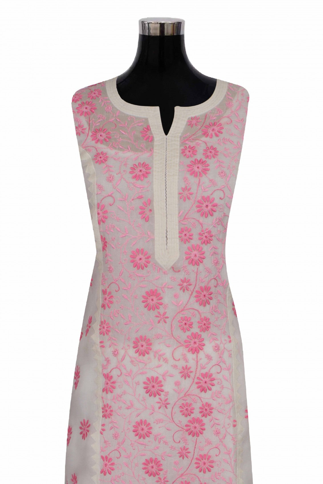 Ada Hand Embroidered Cream Organza Lucknowi Chikankari Unstitched Kurta Dupatta Set 01A264423