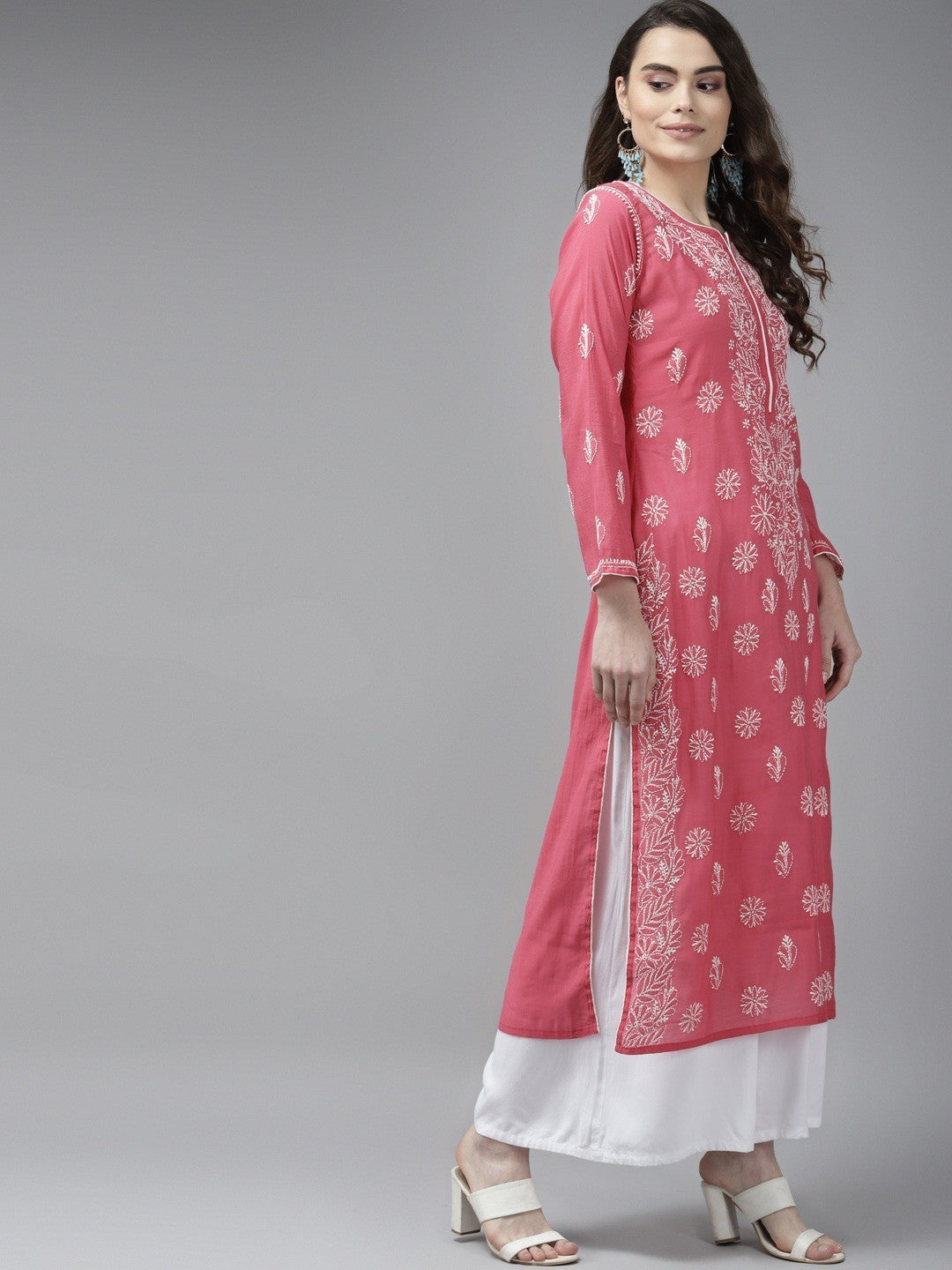 Ada Hand Embroidered Magenta Chanderi Lucknow Chikankari Straight Kurta A411341