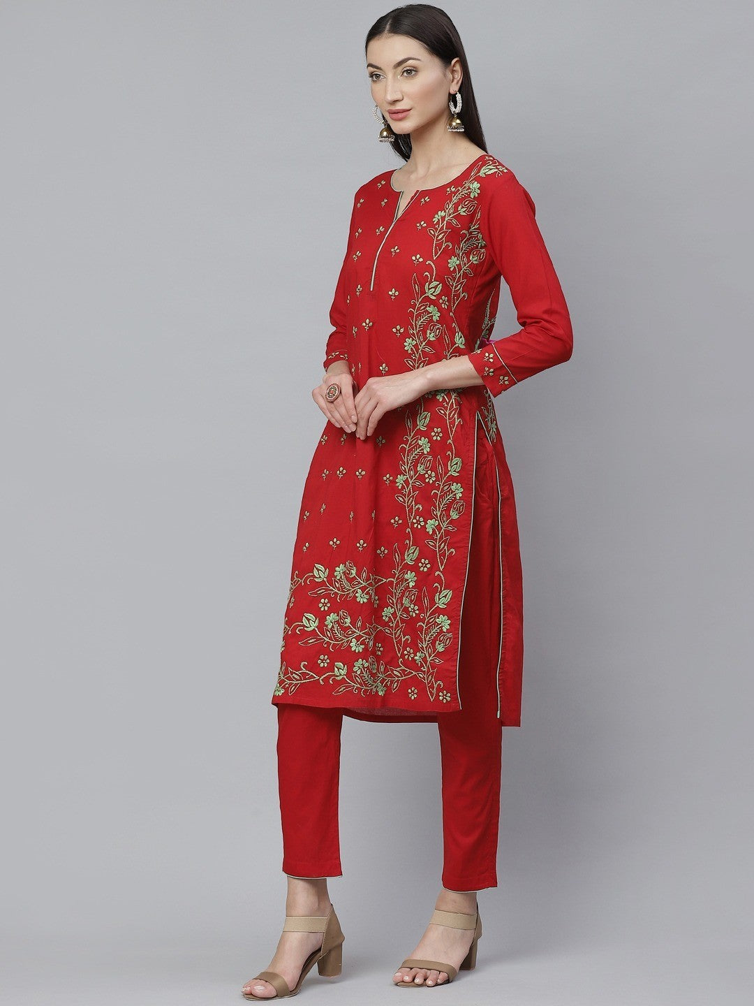 Ada Hand Embroidered Red Cotton Lucknowi Chikankari Straight Kurta With Trouser Set A811129