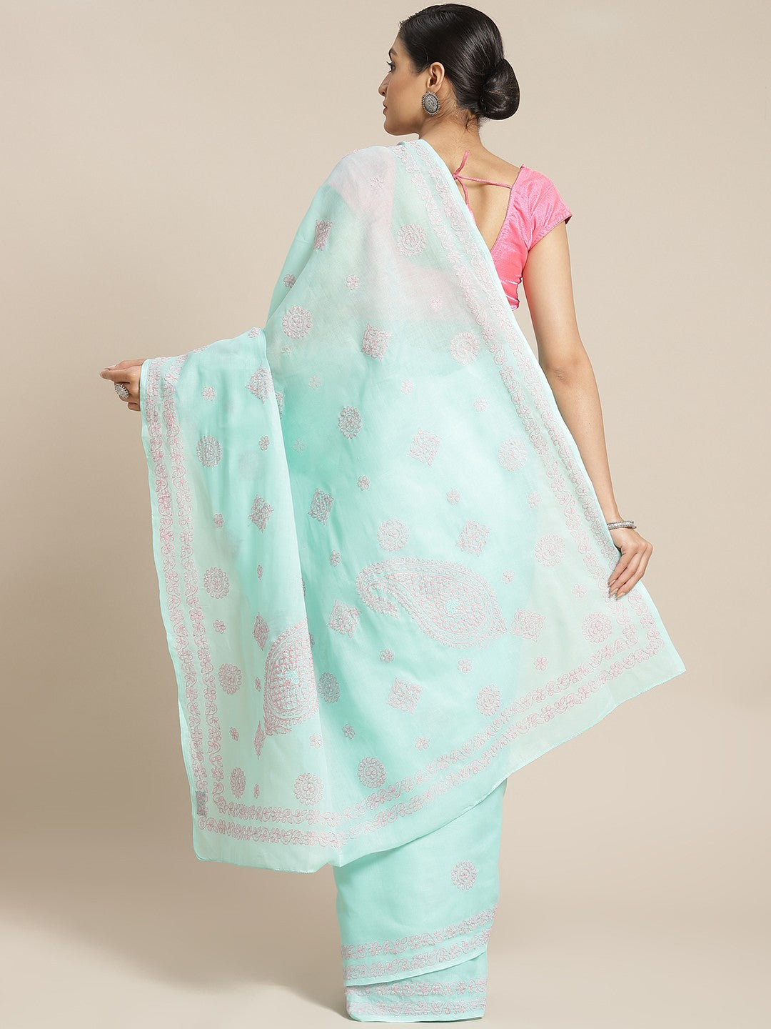 Ada Hand Embroidered Sea Green Cotton Lucknow Chikan Saree With Blouse A311141