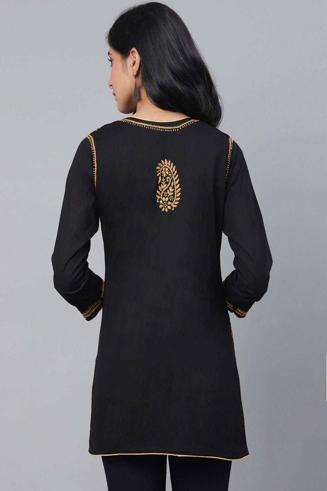 Ada Hand Embroidered Black Cotton Lucknowi Chikankari Straight Kurti A250295