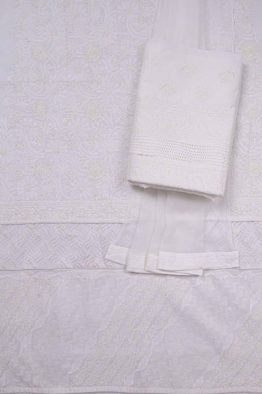 Ada Hand Embroidered White Cotton Lucknowi Chikan Unstitched Suit Piece A23261