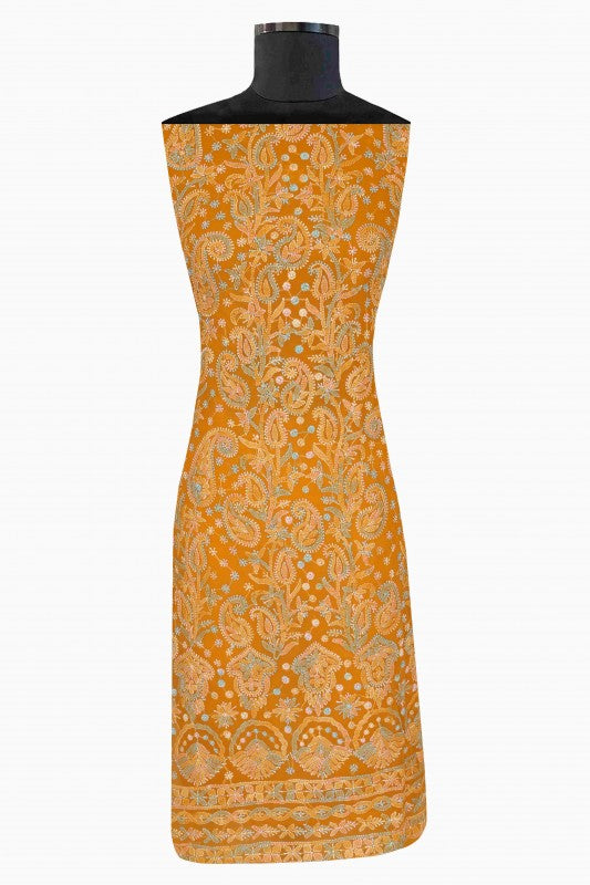 Ada Hand Embroidered Mustard Georgette Lucknowi Chikan Unstitched Suit Piece A211173