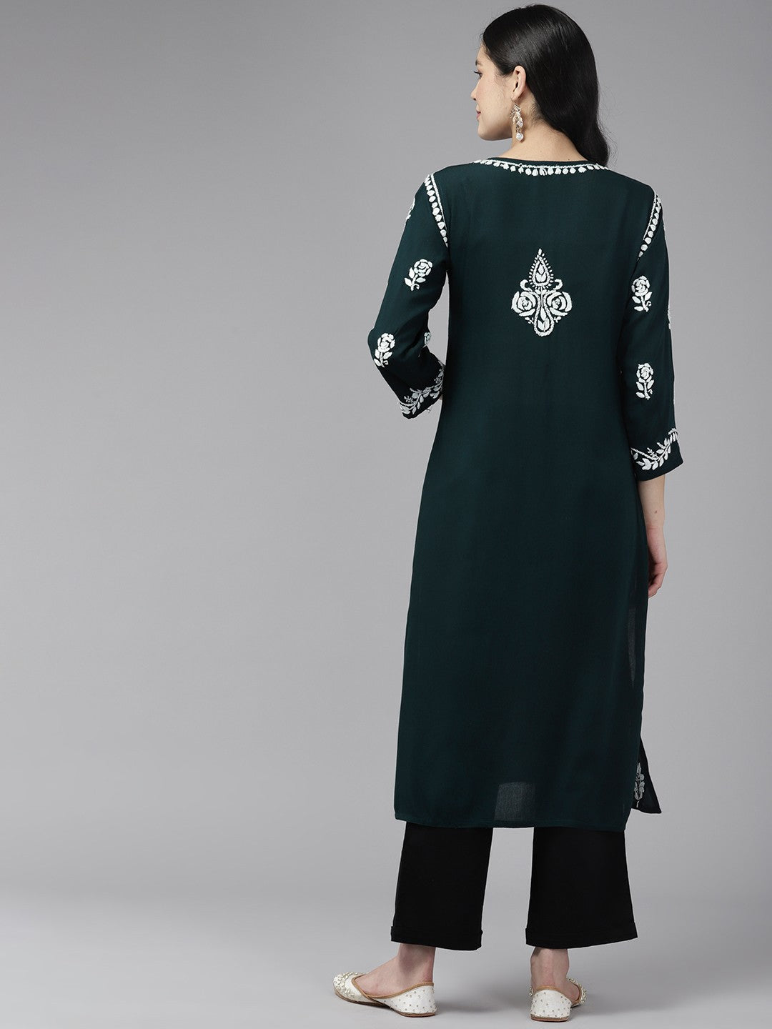 Ada Hand Embroidered Bottle Green Rayon Lucknowi Chikankari Straight Kurta A411433