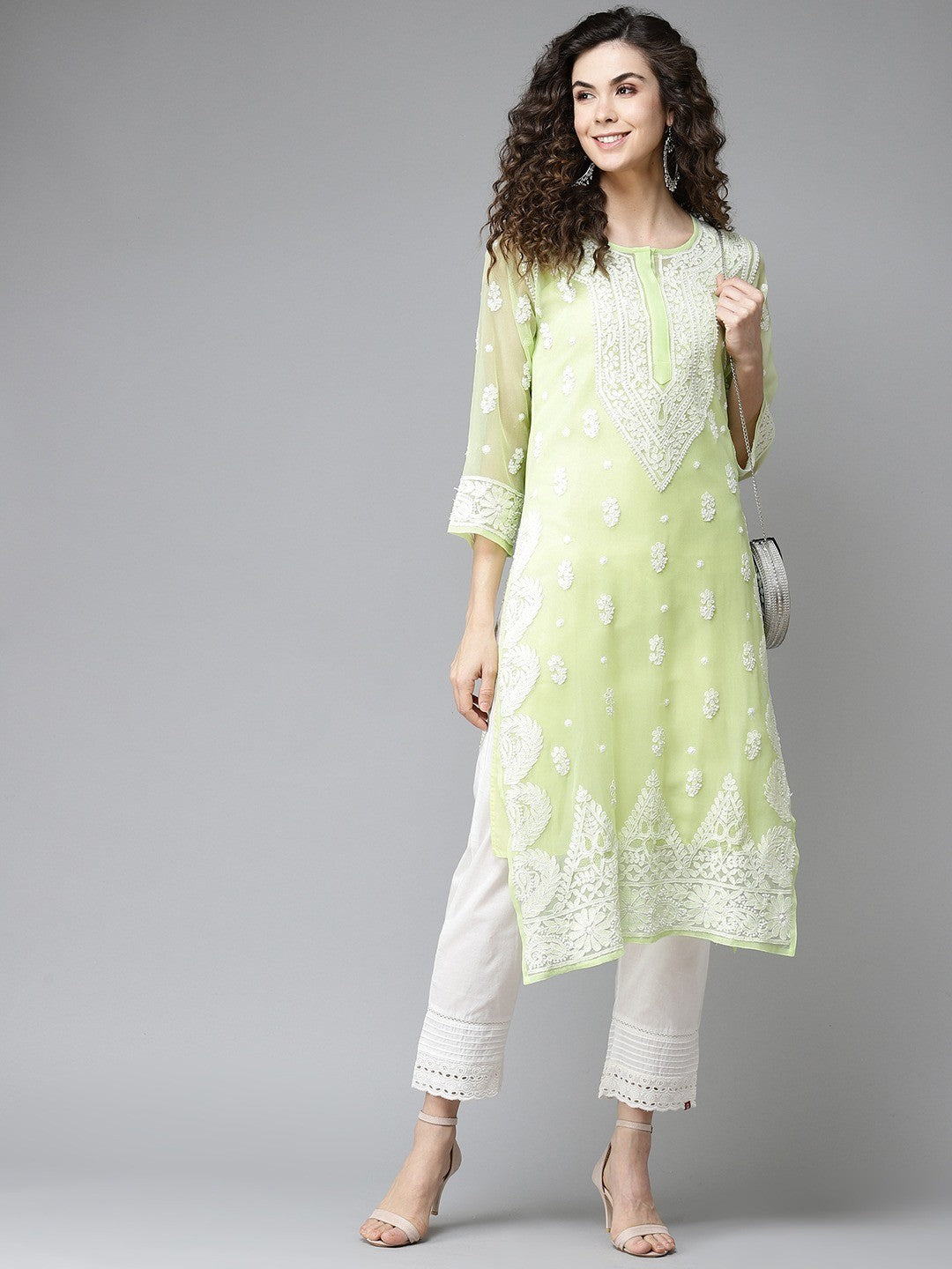 Ada Hand Embroidered Green Georgette Lucknowi Chikankari Straight Kurta With Slip A411199