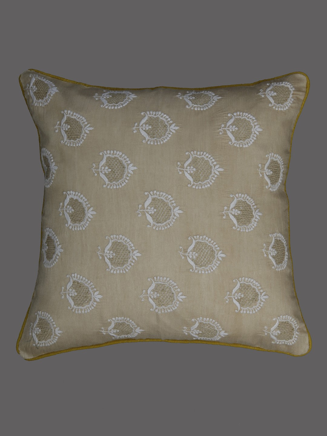 Ada Hand Embroidered Fawn Tusser Silk Lucknow Chikankari Cushion Cover- A507399