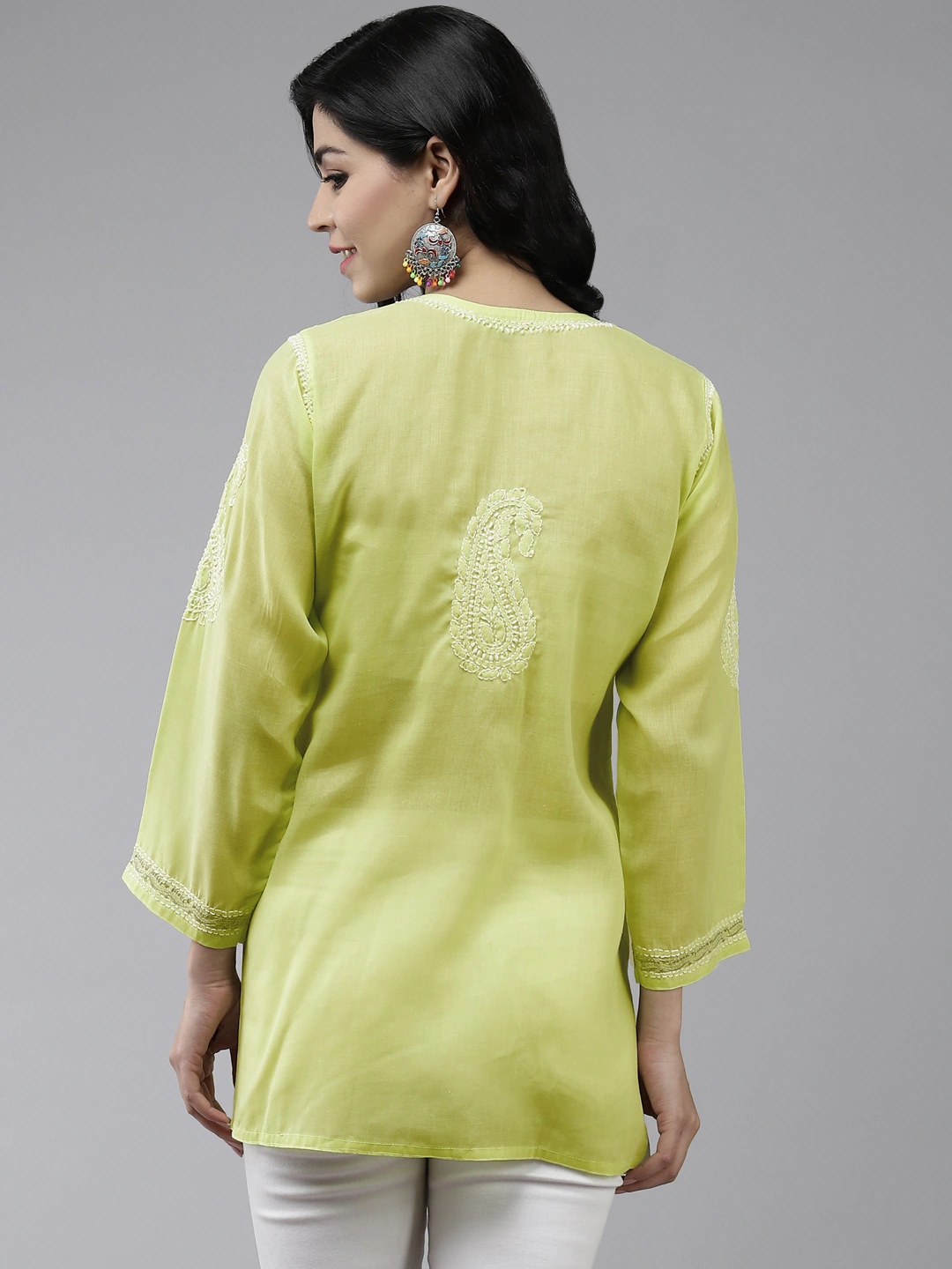 Ada Hand Embroidered Green Cotton Lucknowi Chikankari Short Kurti With Zari Work A911198