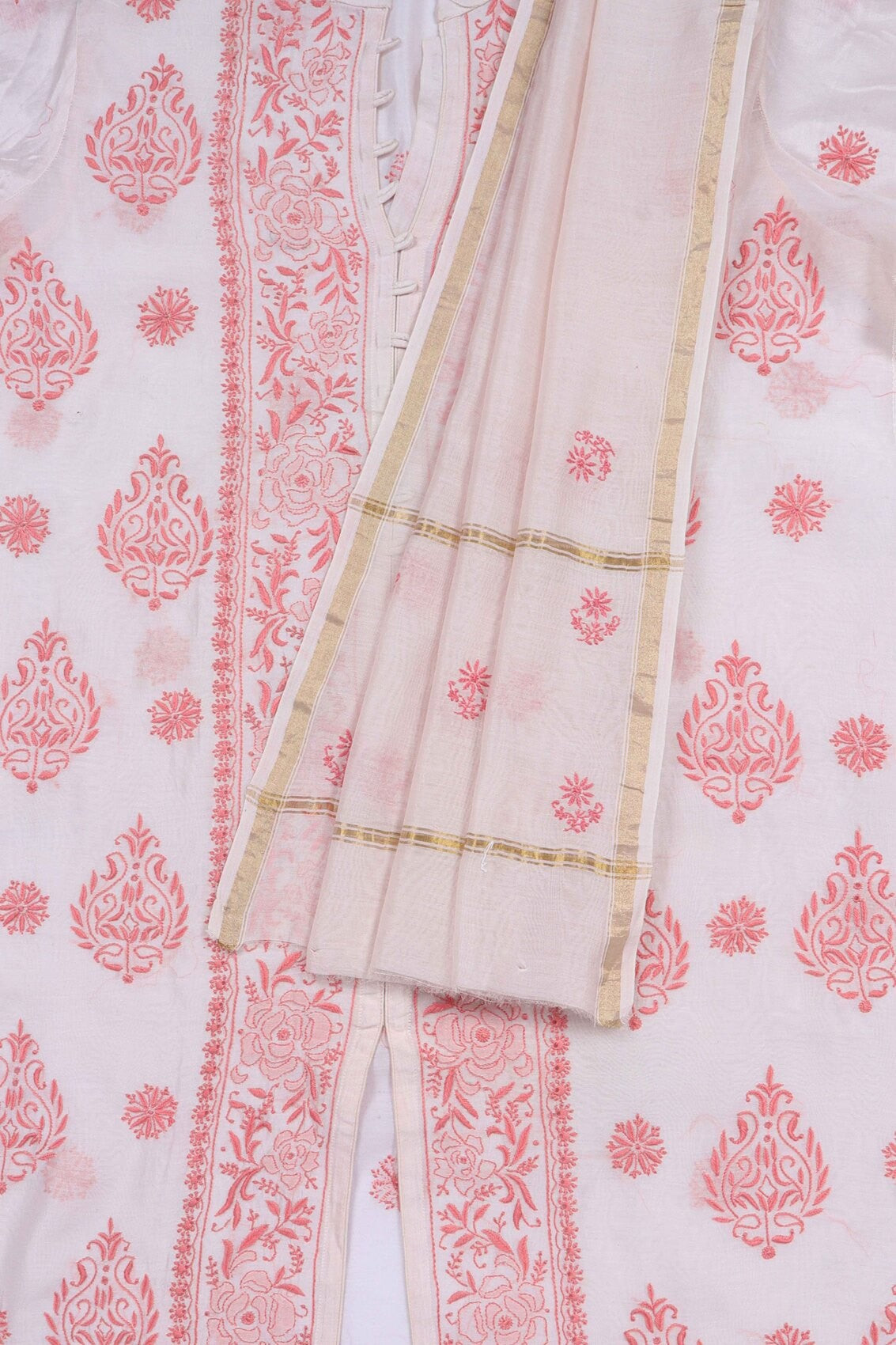 Ada Hand Embroidered Cream Chanderi Lucknowi Chikankari Semi-stitched Kurta Dupatta Set A497295
