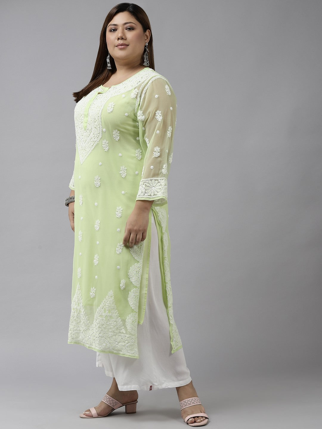 Ada Hand Embroidered Green Georgette Lucknowi Chikankari Straight Kurta With Slip A411199