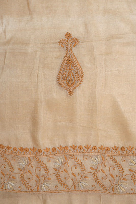 Ada Hand Embroidered Natural Fawn Tussar Silk Lucknowi Chikan Unstitched Kurta Piece A58146