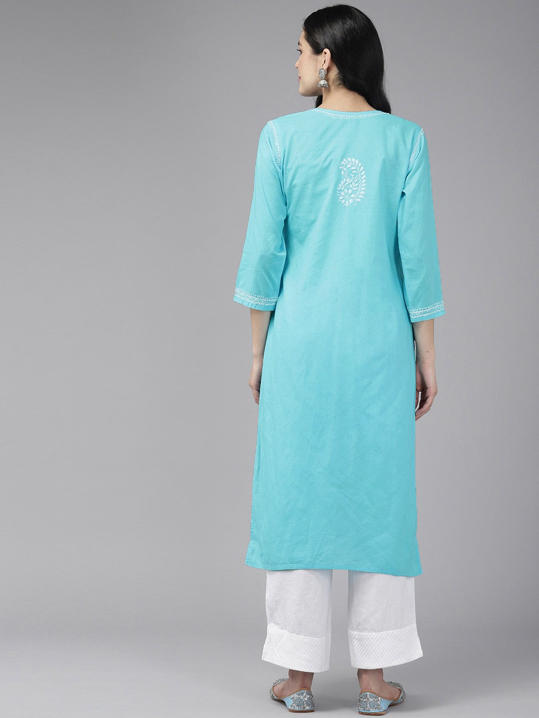 Ada Hand Embroidered Blue Cotton Lucknowi Chikankari Straight Kurta A411424