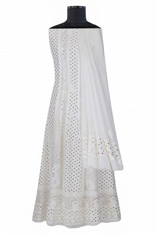 Ada Hand Embroidered White Georgette Lucknowi Chikankari Semi-stitched Anarkali Kurta Dupatta Set With Muqaish Work- A621528